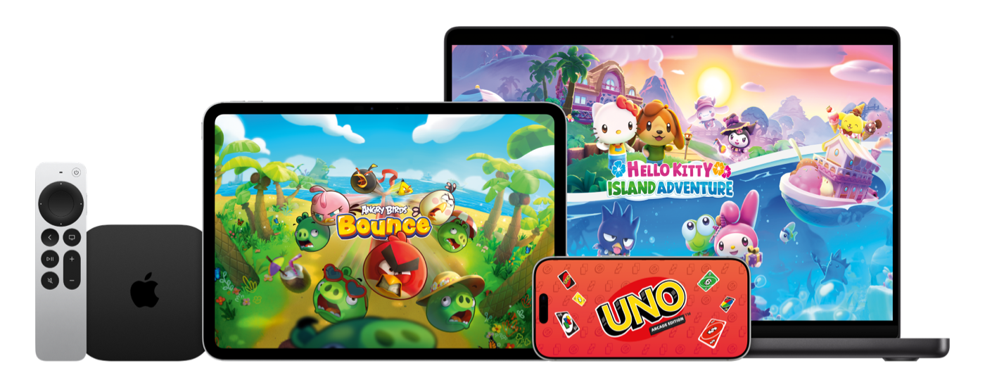 Apple Arcade -näkymä iPhone 17 Prossa, iPad Prossa, MacBook Prossa ja Apple TV 4K:ssa